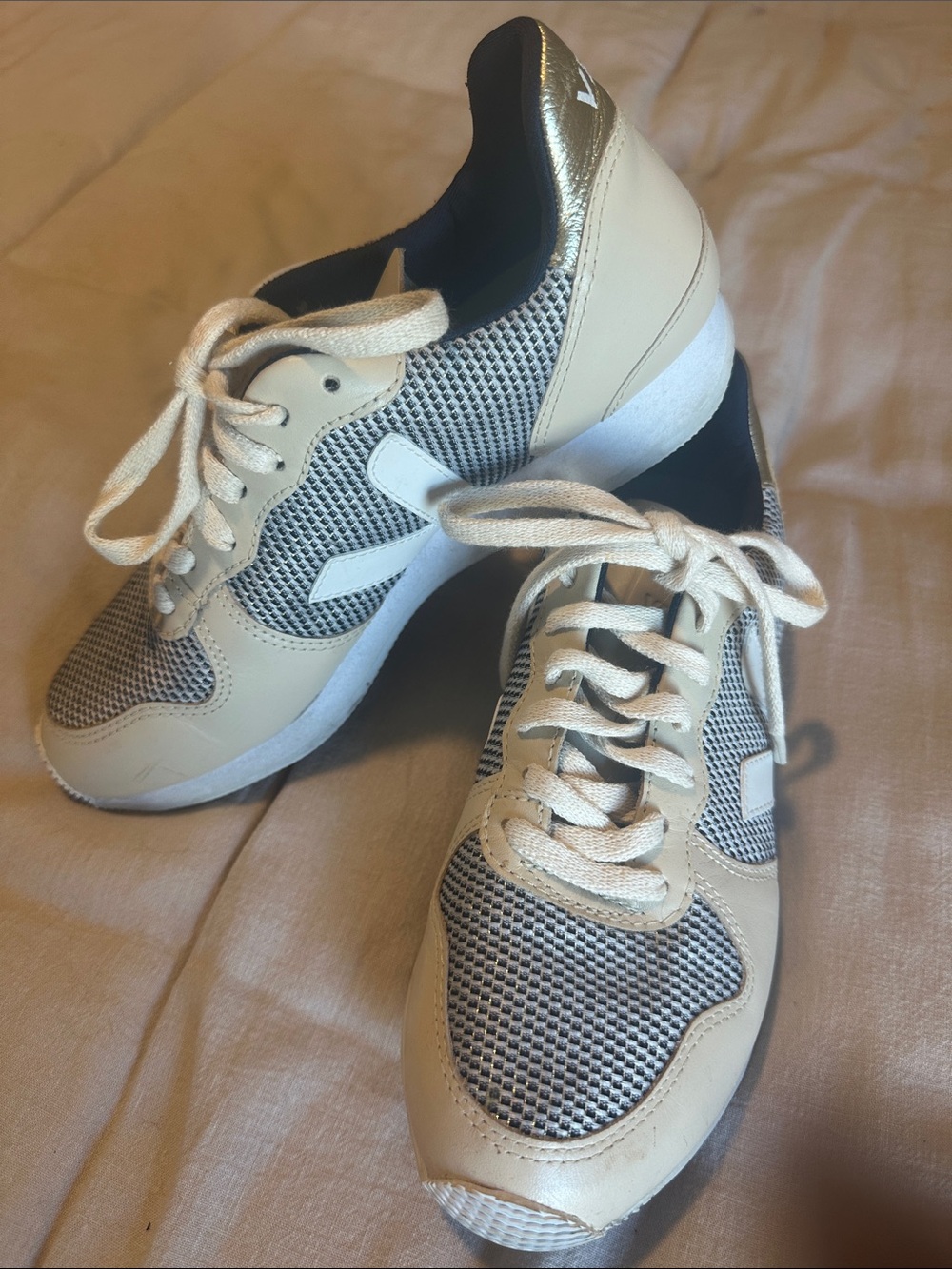 Veja Cream and Black Mesh Runner Sneakers